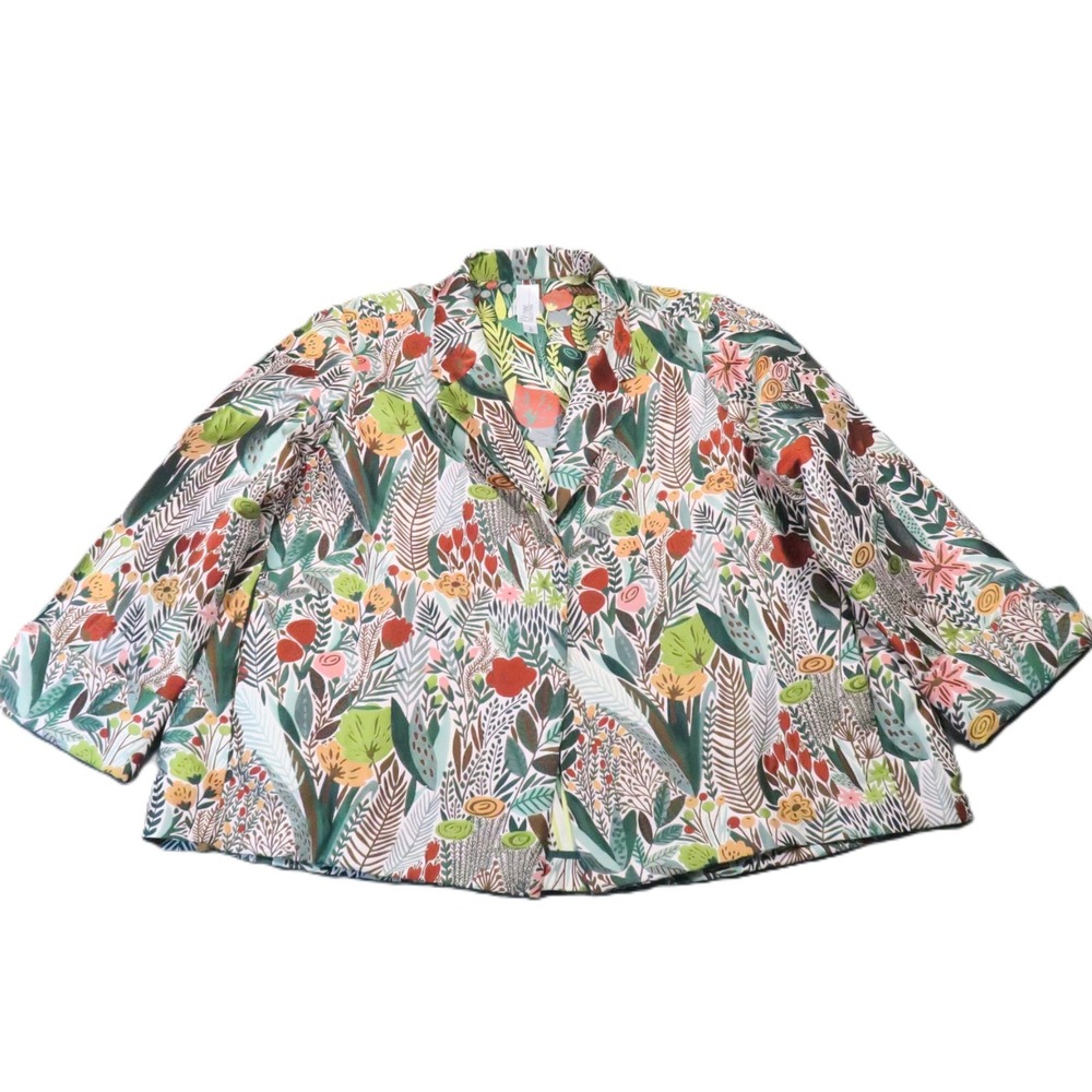 Wynne Collection Jacquard Blazer L Floral Pockets 3/4 Sleeve Tropical Colorful